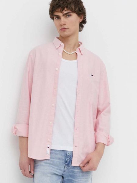Пухова бавовняна джинсова сорочка на ґудзиках Tommy Jeans рожева