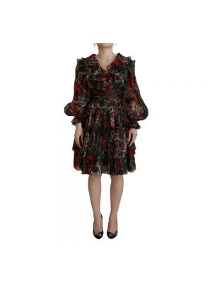 Jedwabna sukienka mini w panterkę z falbankami Dolce And Gabbana brązowa