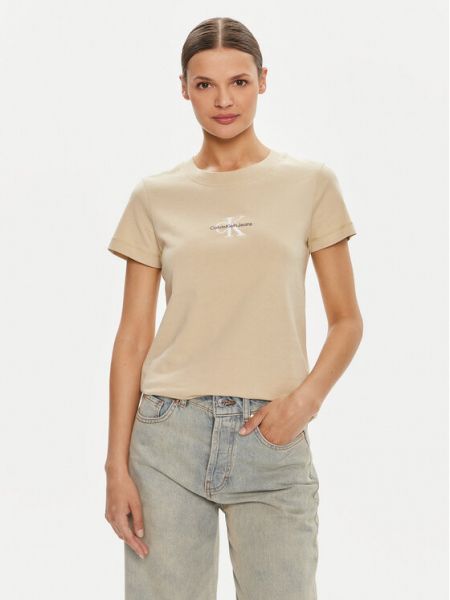 Marškinėliai slim fit Calvin Klein Jeans smėlinė