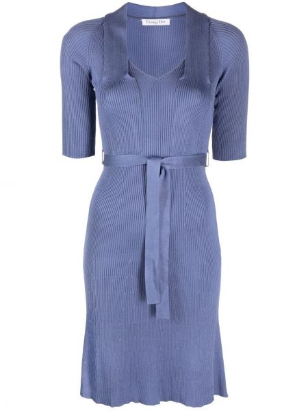 Hedvábné pletené šaty s výstřihem do v s krátkými rukávy Christian Dior - nachový