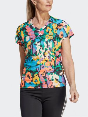 Tricou slim fit cu model floral cu imagine Adidas negru