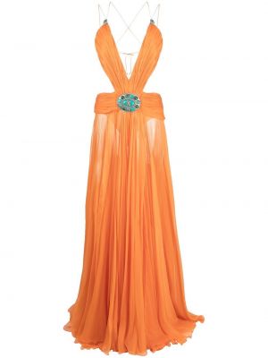 Plisované hedvábné večerní šaty s výstřihem do v Roberto Cavalli oranžové