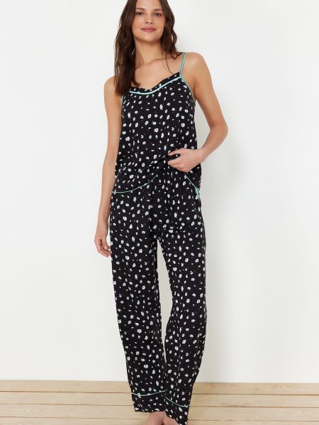 Pamučna pidžama s cvjetnim printom Trendyol crna