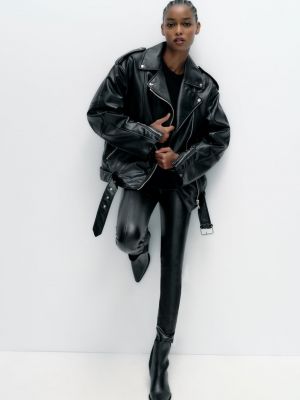 Черная кожаная куртка оверсайз из искусственной кожи Zara