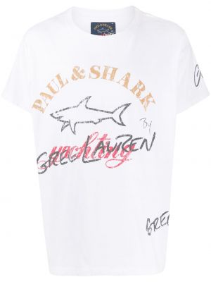 Camiseta con estampado de cuello redondo Greg Lauren X Paul & Shark blanco