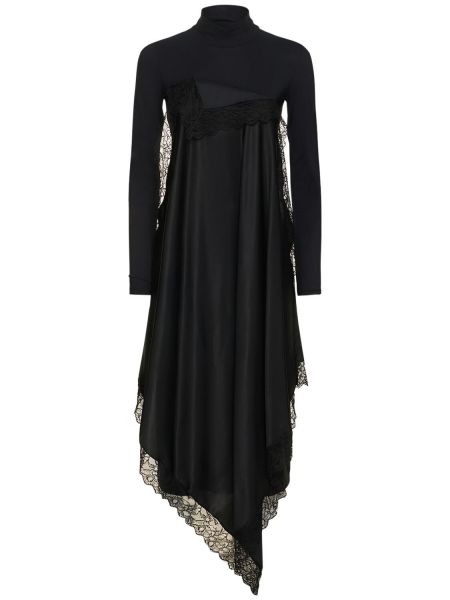 Асиметрична миди рокля от джърси с дантела Mm6 Maison Margiela черно