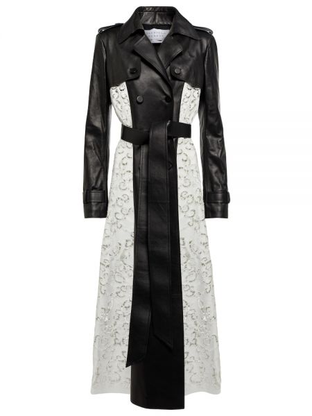 Hedvábný kožený dlouhý kabát s výšivkou Gabriela Hearst - černá