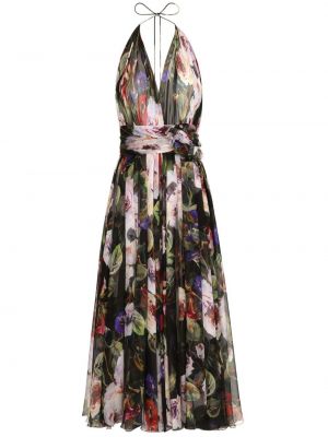 Svilena midi haljina s cvjetnim printom s printom Dolce & Gabbana crna