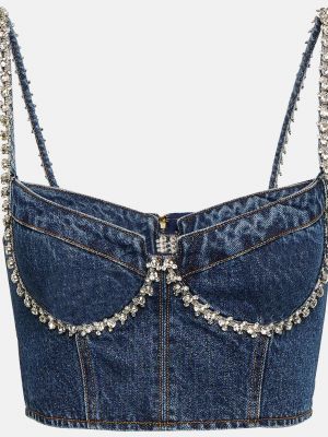 Укороченное джинсовое бюстье с украшением SELF-PORTRAIT синий