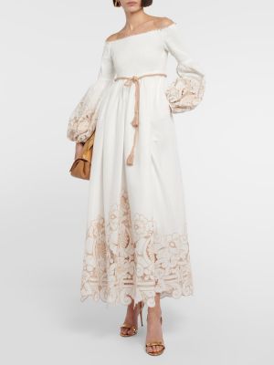 Bavlněné midi šaty s výšivkou Zimmermann béžové