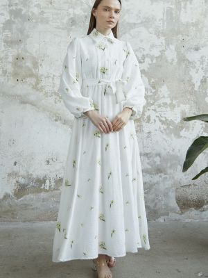Lanena obleka z vezenjem s cvetličnim vzorcem Instyle bela