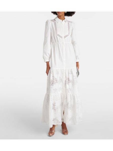 Памучна макси рокля с дантела Self-portrait бяло
