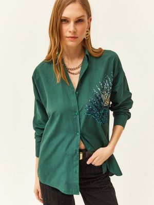 Pletena košulja sa šljokicama oversized Olalook zelena