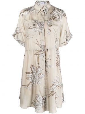 Копринена рокля тип риза с принт с абстрактен десен Brunello Cucinelli бежово