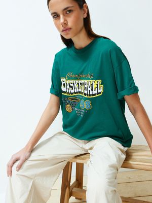 Pletené tričko s potiskem s krátkými rukávy Trendyol zelené
