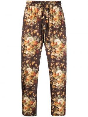 Květinové hedvábné rovné kalhoty s potiskem Nanushka hnědé