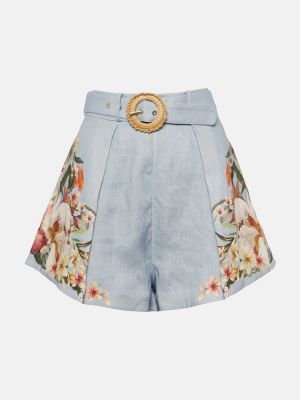 Lanene kratke hlače z visokim pasom s cvetličnim vzorcem Zimmermann modra