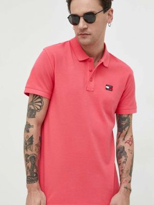 Памучна тениска с дълъг ръкав с апликация Tommy Jeans розово