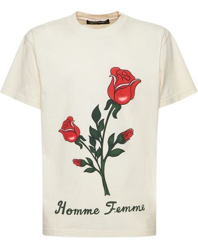 Bavlněné tričko s potiskem jersey Homme + Femme La béžové