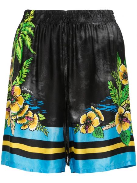 Satenaste kratke hlače s cvetličnim vzorcem s potiskom Ermanno Firenze črna