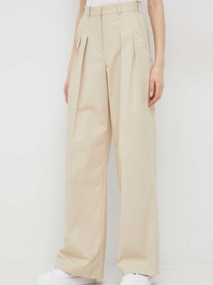 Calvin Klein pamut nadrág női, bézs, magas derekú széles