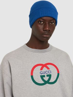 Volnena kapa z vezenjem Gucci modra