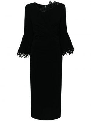 Midi obleka s čipko z draperijo Talbot Runhof črna