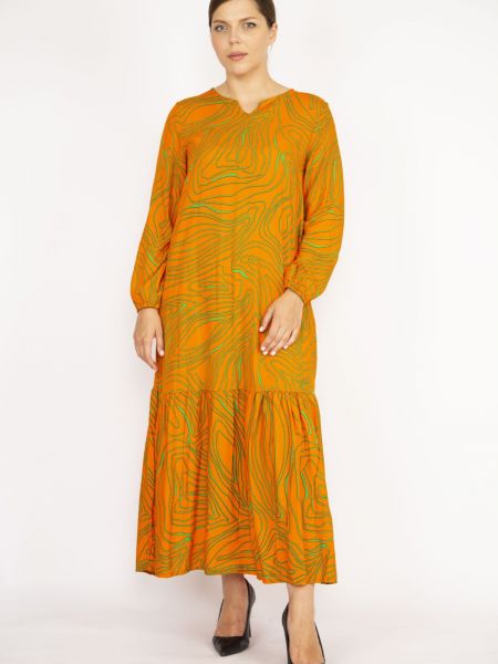 Плетена от вискоза макси рокля с дълъг ръкав şans оранжево