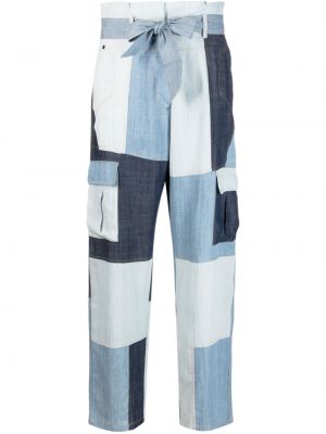 Lněné volné kalhoty s vysokým pasem s kapsami Mes Demoiselles - modrá
