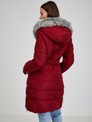 Vínový péřový zimní kabát s kožíškem s kapucí Orsay