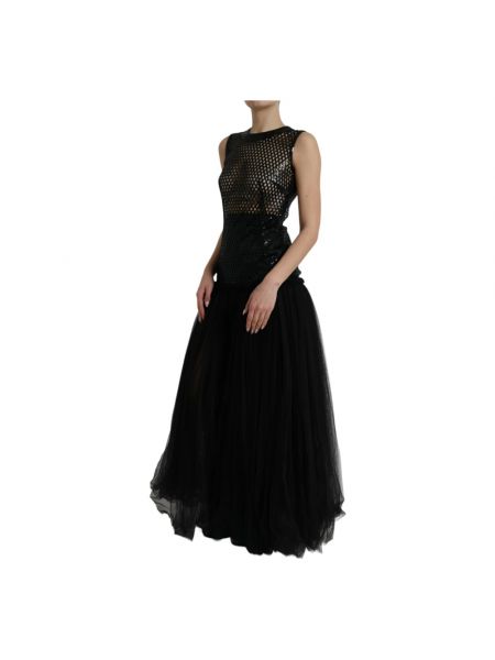Haftowana sukienka długa z siateczką koronkowa Dolce And Gabbana czarna
