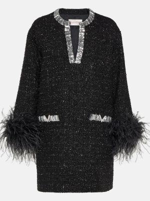 Φόρεμα με φτερά tweed Valentino μαύρο
