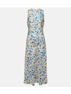 Niebieska jedwabna sukienka midi z nadrukiem Asceno
