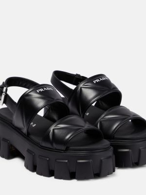 Кожени сандали на платформе Prada черно