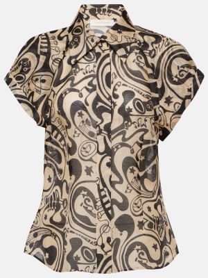 Копринена ленена блуза с принт Zimmermann черно