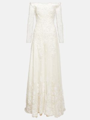 Μάξι φόρεμα με χάντρες με δαντέλα Costarellos λευκό