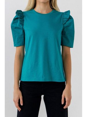 Женская мини-футболка с пышными рукавами и рюшами English Factory, Teal