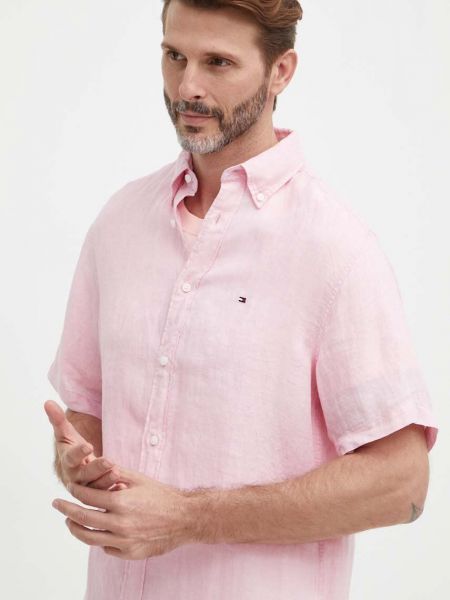 Lniana koszula na guziki puchowa Tommy Hilfiger różowa