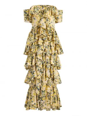 Midi šaty s vysokým pasem s volány s krátkými rukávy Cinq A Sept - žlutá