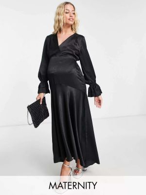 Атласный платье для беременных с рюшами с длинным рукавом Flounce London черный
