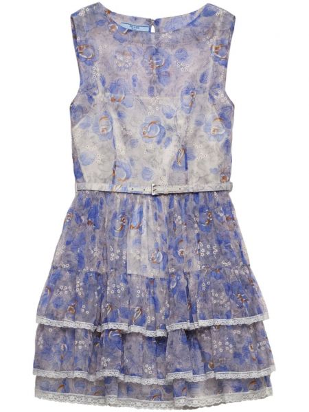 Sukienka z paskiem szyfonowa w kwiatki z nadrukiem Prada niebieska