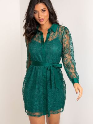 Кружевное платье-рубашка с длинным рукавом Pour Moi зеленое