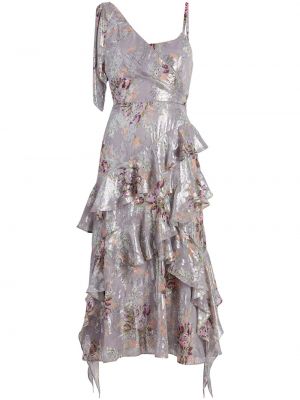 Коктейлна рокля на цветя с принт с волани Cinq A Sept сиво