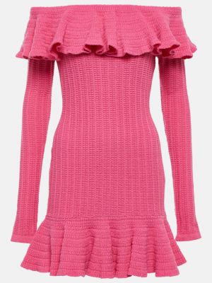 Шерстяное мини-платье с открытыми плечами и оборками BLUMARINE розовый