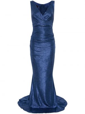 Sukienka wieczorowa z dekoltem w serek drapowana Talbot Runhof niebieska
