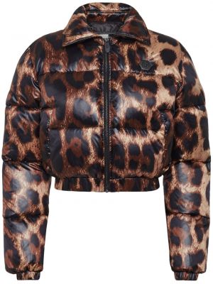 Hnědá prošívaná leopardí péřová bunda s potiskem Philipp Plein