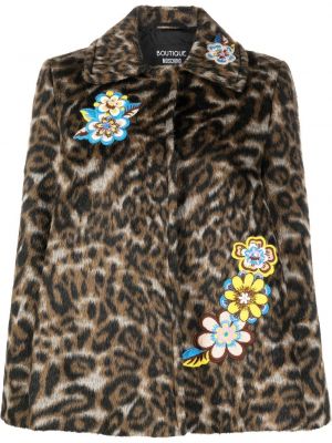 Krznen plašč s cvetličnim vzorcem s potiskom z leopardjim vzorcem Boutique Moschino