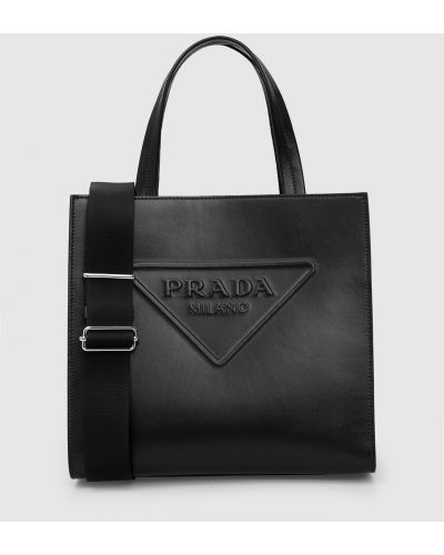 Шкіряна сумка шоппер з тисненням Prada, чорна