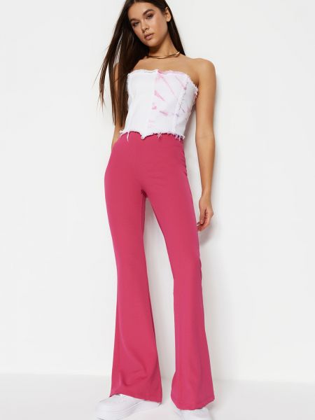 Pletene hlače z visokim pasom iz rebrastega žameta Trendyol roza