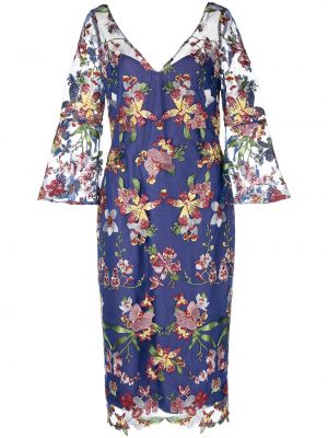 Midi obleka s cvetličnim vzorcem s čipko Marchesa Notte modra